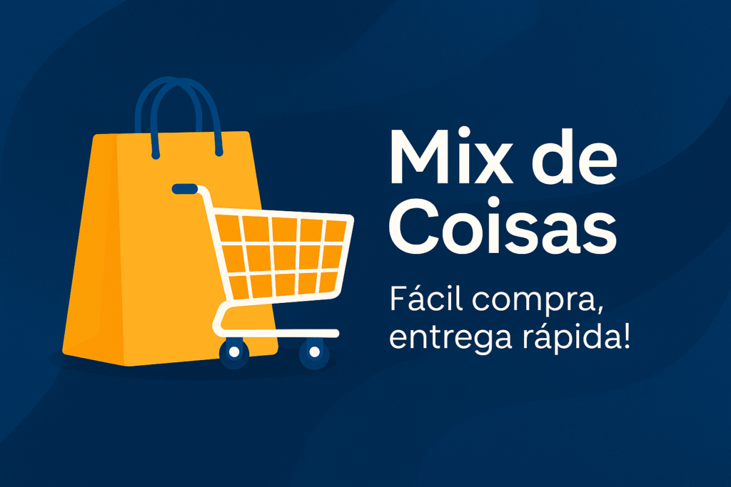 Banner da loja Mix de Coisas com sacola e carrinho de compras